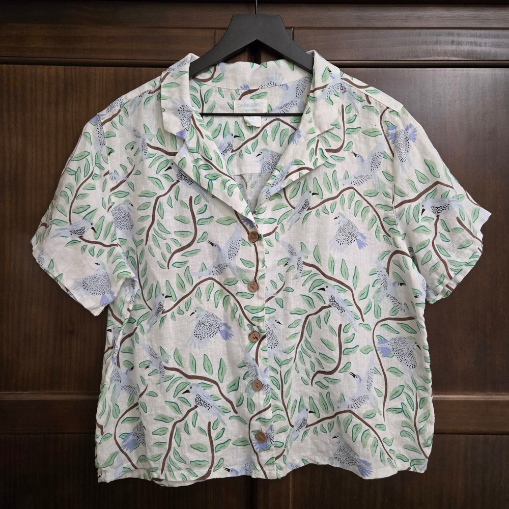 Cynthia Rowley Womens Blue Green Bird Print 100% Linen Camp Shirt Size M - Picture 2 of 8